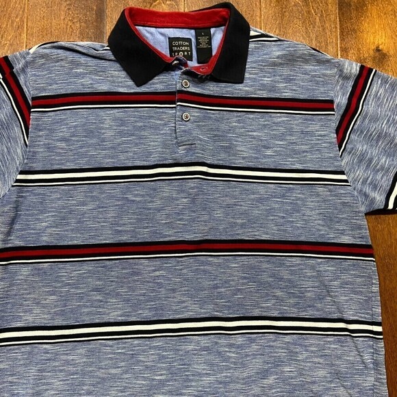 Cotton Traders Sport Vtg Ringer Polo Striped Blue Red White Men's Size Large - Picture 2 of 7